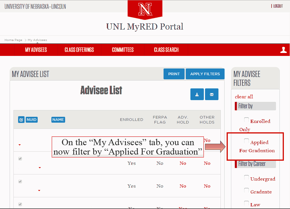 Applied for Graduation check box highlighted under My Advisee Filter sidebar under My Advisees tab.