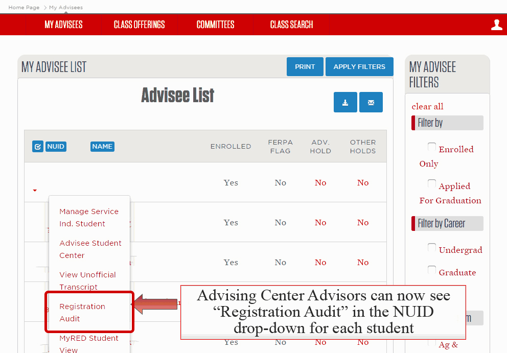 Registration Audit highlighted under NUID drop-down