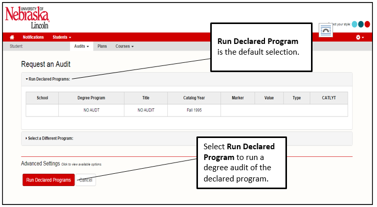 Run Declared Programs header and button highlighted