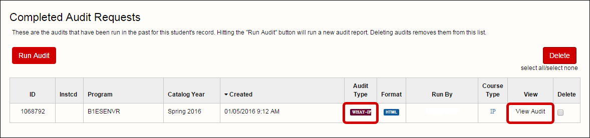 Audit Type column and View Column highlighted