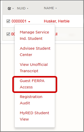 Guest Ferpa Access under the NUID dropdown