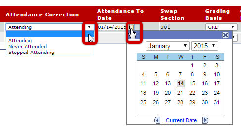Attendance Correction Dropdown and Calendar icon in Attendance to Date column highlighted