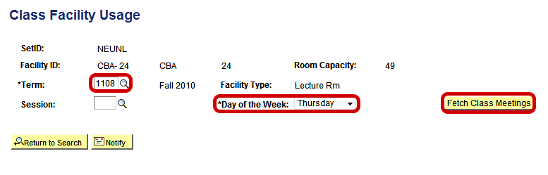 Enter Term code, day of the week, and click "fetch class meetings" button