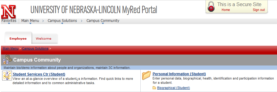 MyRed Employee Tab Personal Information Biographical Student