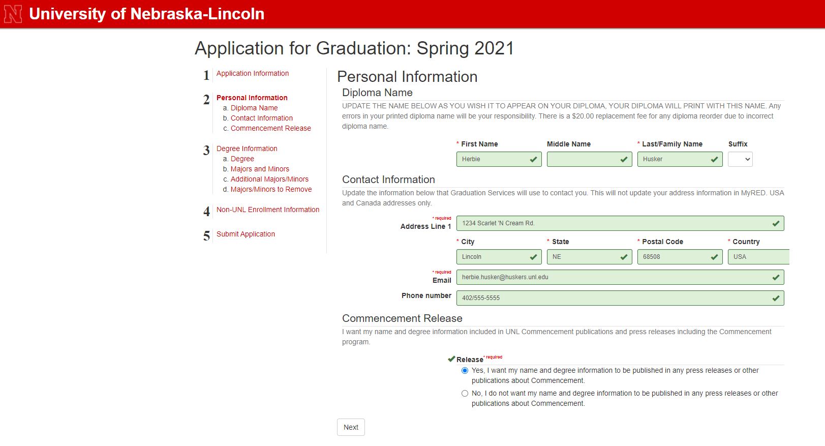 Application for Graduation personal information page