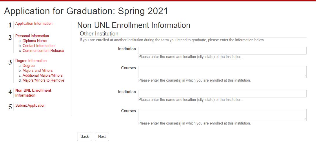 Application for Graduation Enrollment Information page