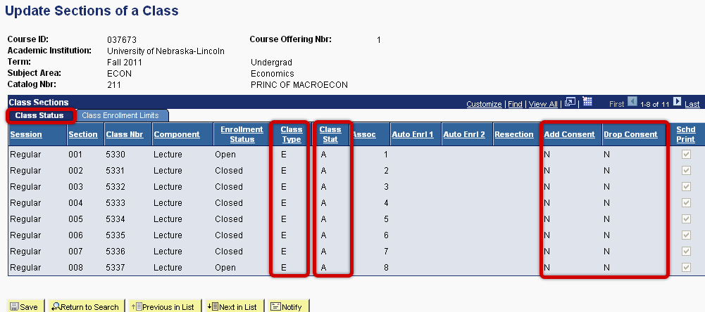 Class Status Tab Highlighted with Columns "Class Type," "Class Stat," and "Add Consent and Drop Consent" highlighted