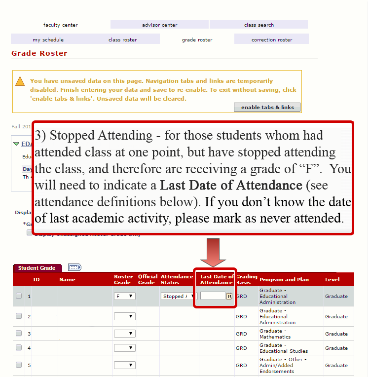 Last Date of Attendance Column Highlighted