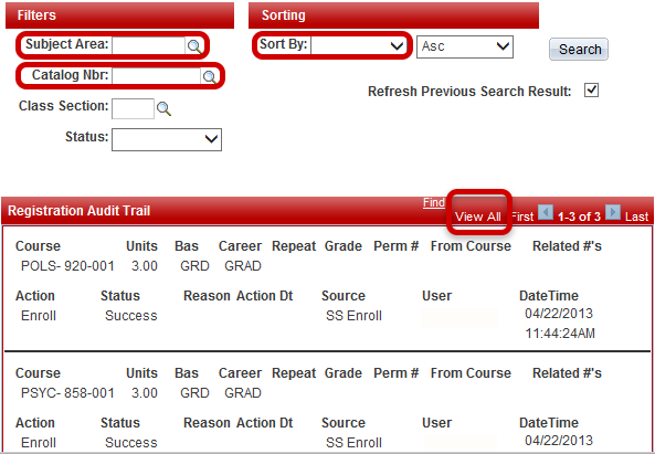 Subject Area, Catalog Number, Sort By, and View All Fields and links are highlighted