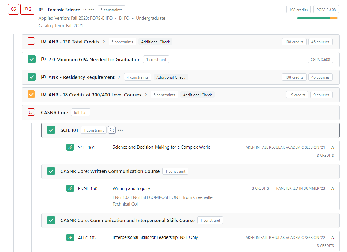 screenshot of student degree progress view in Stellic