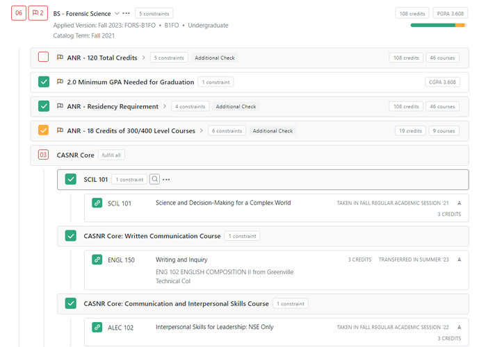 Small screenshot of student degree progress view in Stellic