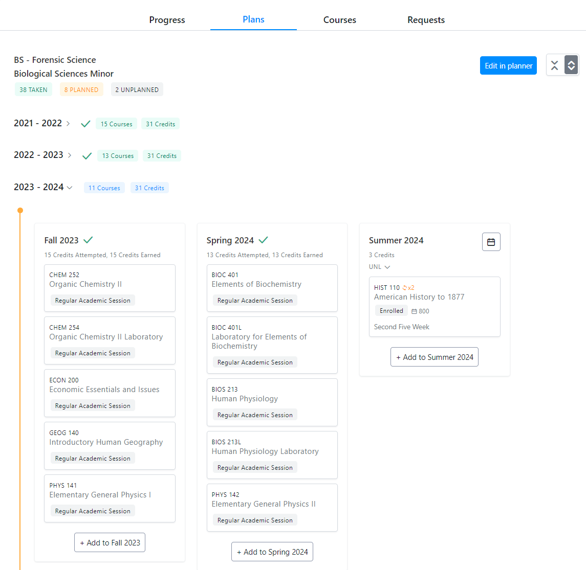 Screenshot of student course planner view in Stellic