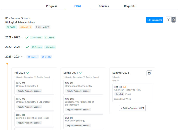 Small screenshot of student course planner view in Stellic