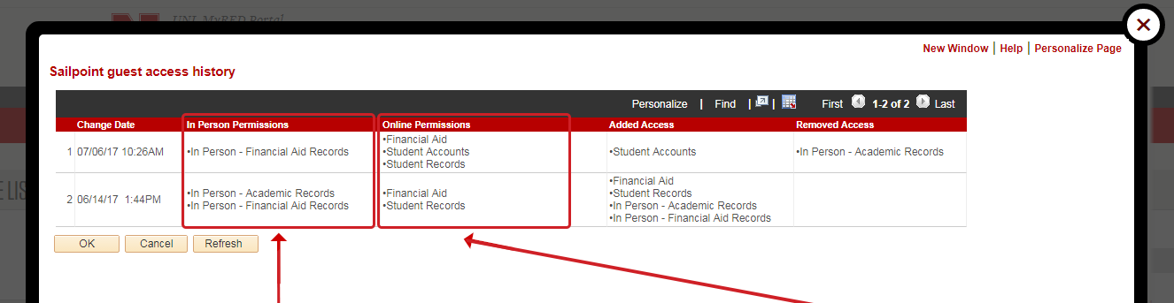 In person Access and Online Access columns highlighted