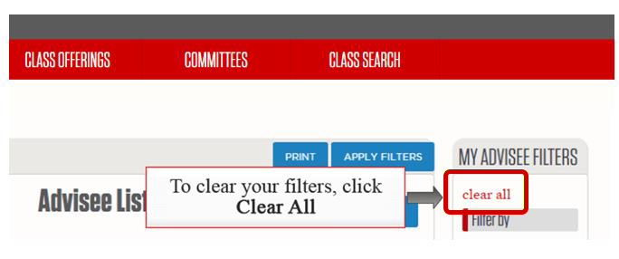 Advisee tab Clear All link highlights