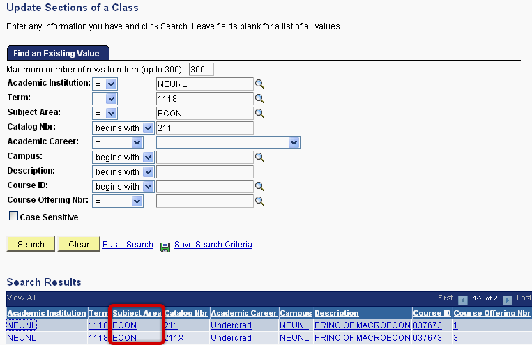 Subject Area Column Highlighted