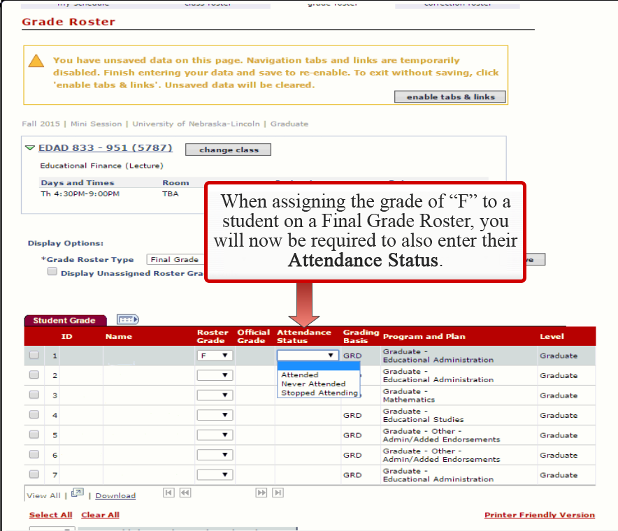 Attendance Status Column and dropdown highlighted