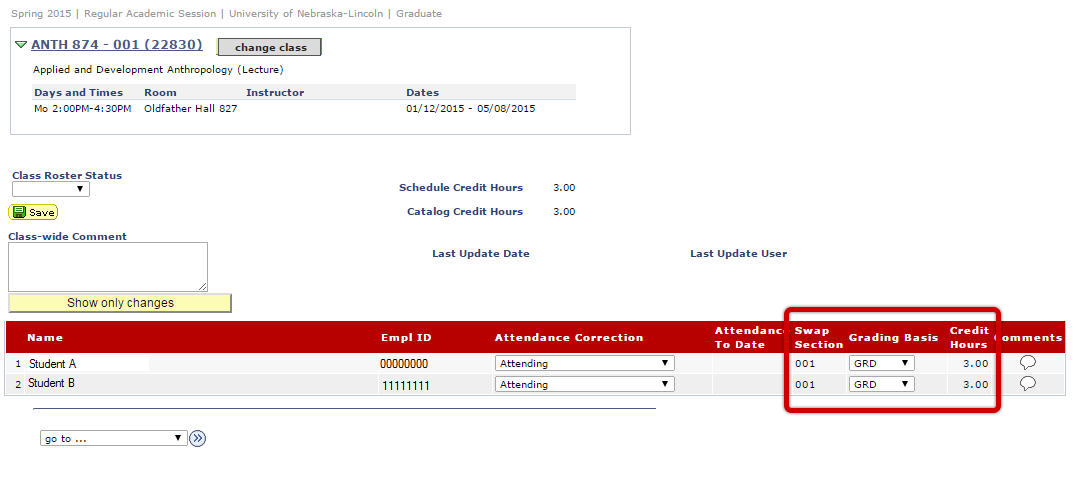 Swap Section, Grading Basis, and Credit Hours Highlighted