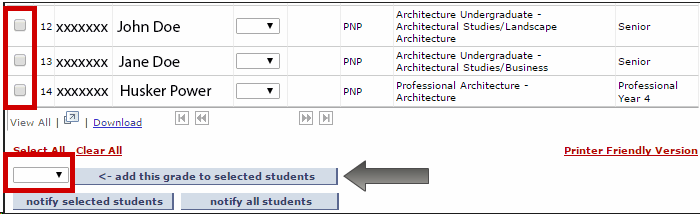 add this grade to selected students button