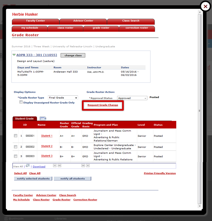 Pop up box with Request Grade Change link highlighted