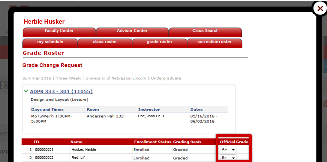 Official Grade dropdown highlighted