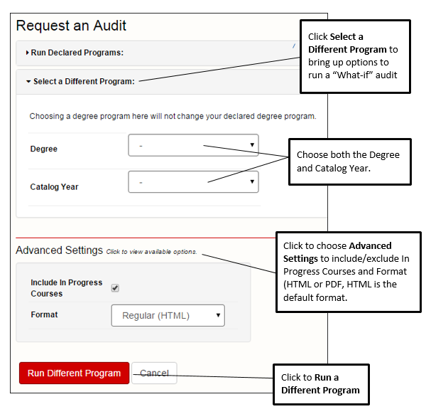 Select a Different Program dropdown, Degree and Catalog Dropdowns, Click to view available options link, and run different program button highlighted