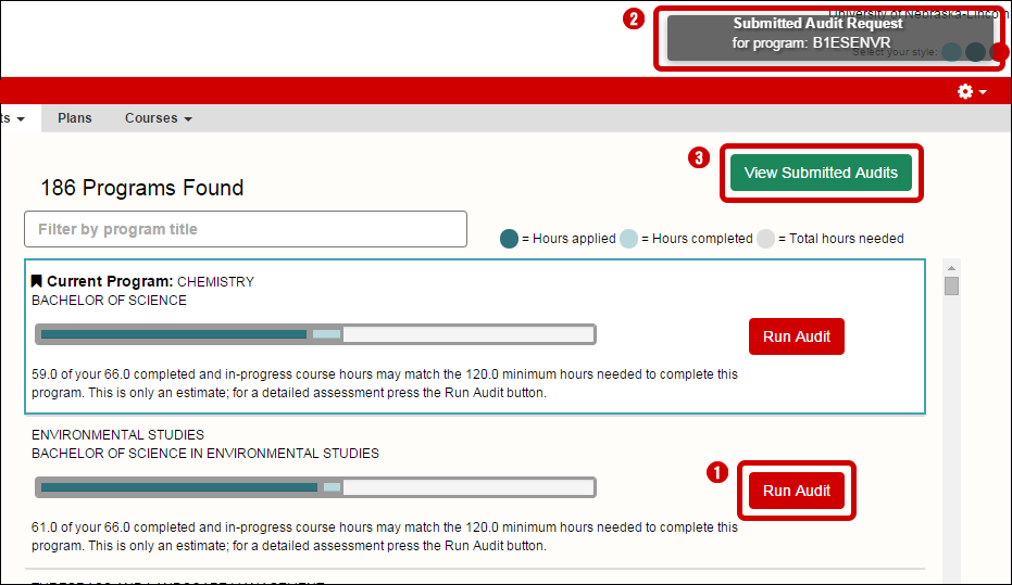 Run Audit button, Submitted Audit Request Popup, and View Submitted Audits button highlighted