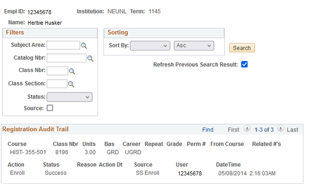 Registration audit screen