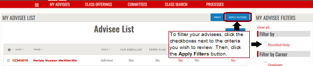 Advisee list apply filter button highlighted