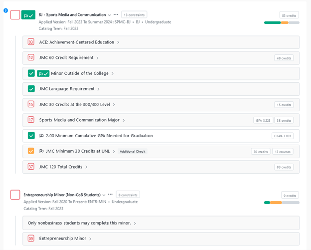 Image of example degree audit requirements