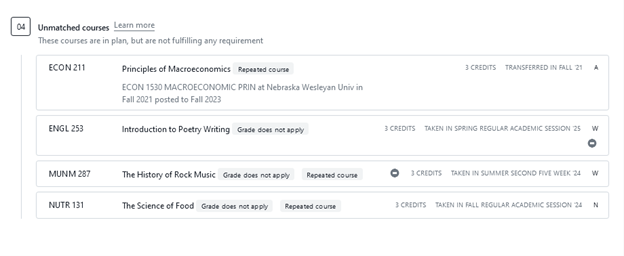 Image of example degree audit unmatched courses