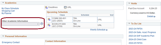 Other academic information option select highlighted