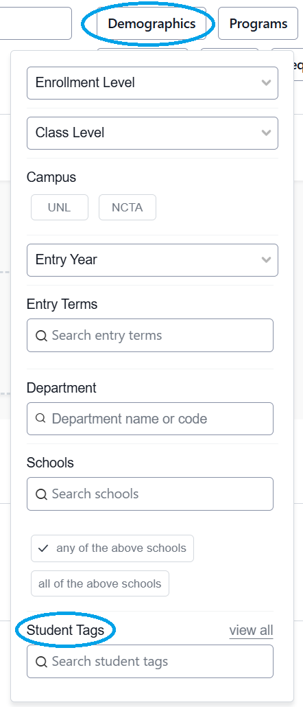 An image of the Demographics filter on the Students page in Stellic with the Student Tags at the bottom of the filter options circled