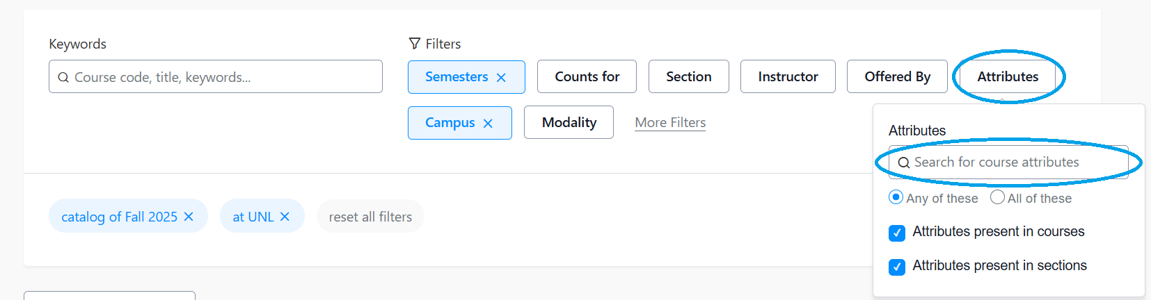 An image of the Attributes filter on the Courses page in Stellic with the search box open