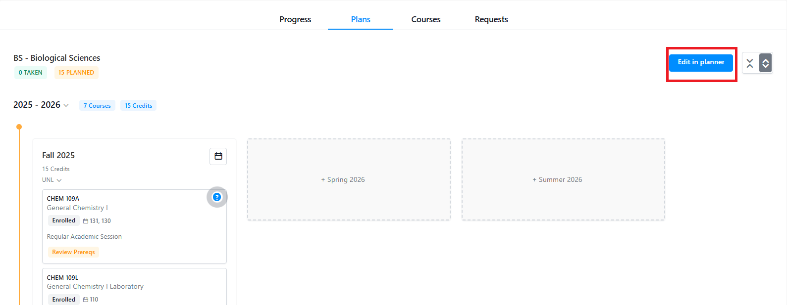 The student profile with Plan tab selected. Blue Edit in Planner button is highlighted by a red box.