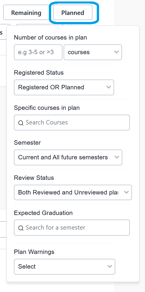 An image showing the Planned filter options
