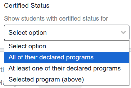 An image showing the certified status filter options