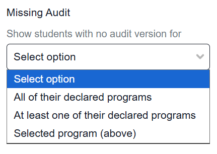An image showing the Missing Audit filter options
