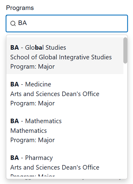 An image showing the programs filter options