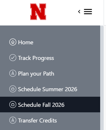 Red "N" logo with a gray menu listing navigation options, "Schedule Fall 2026" highlighted.