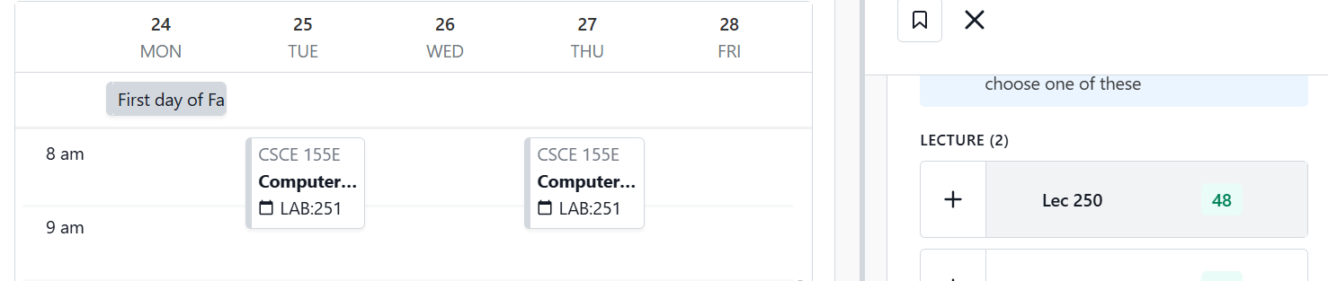 Schedule interface showing classes titled "CSC 153E Computer..." at 8 a.m. on calendar after hovering over section 250 on right-hand panel.