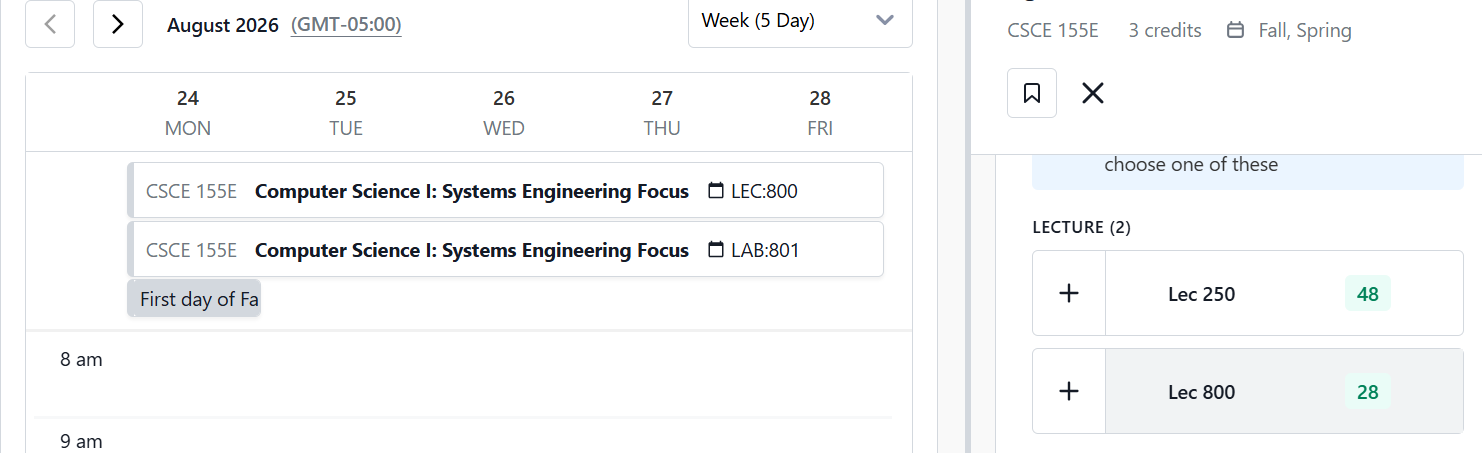 Schedule interface with CSCE 155E displayed across the top of the calendar when hovering over 800 section on right-hand panel..