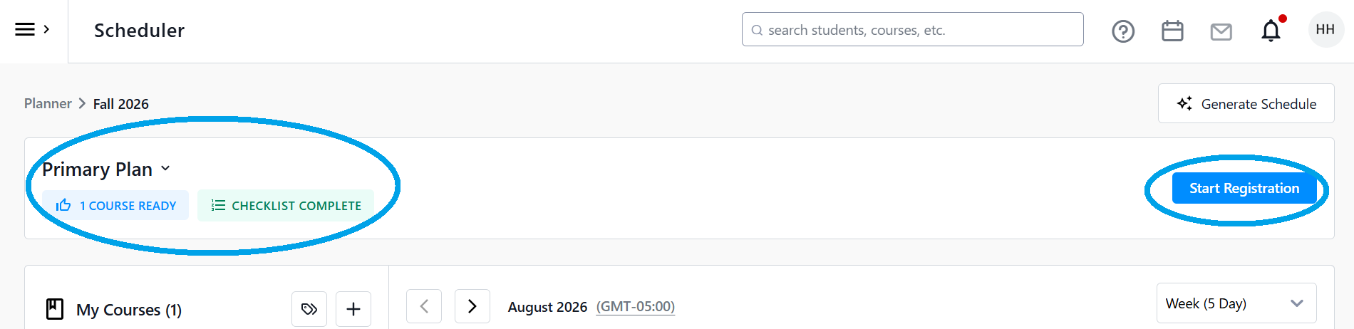 Scheduler interface showing course plan options and "Start Registration" button.