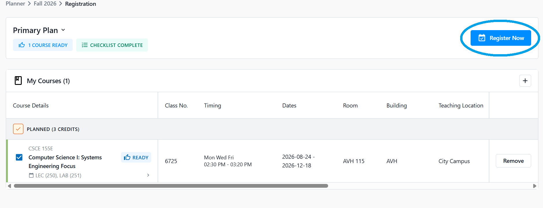 Registration interface showing course details, timing, location, and a "Register Now" button highlighted at the top right.