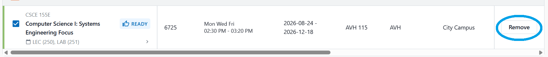 Class schedule details with course name, timing, location, and a "Remove" option circled.