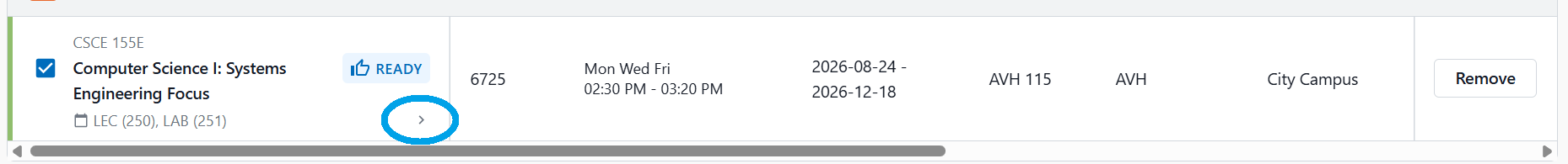 Course schedule with details including title, status, time, location. A ">" symbol to the right of the course title is highlighted.