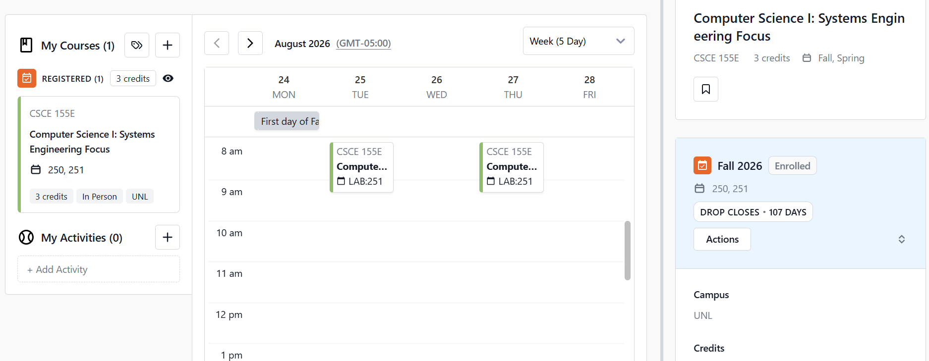 Schedule view showing a weekly calendar with a course listing and details for Fall 2026 semester. The right-hand panel is open with class details for CSCE 155E.