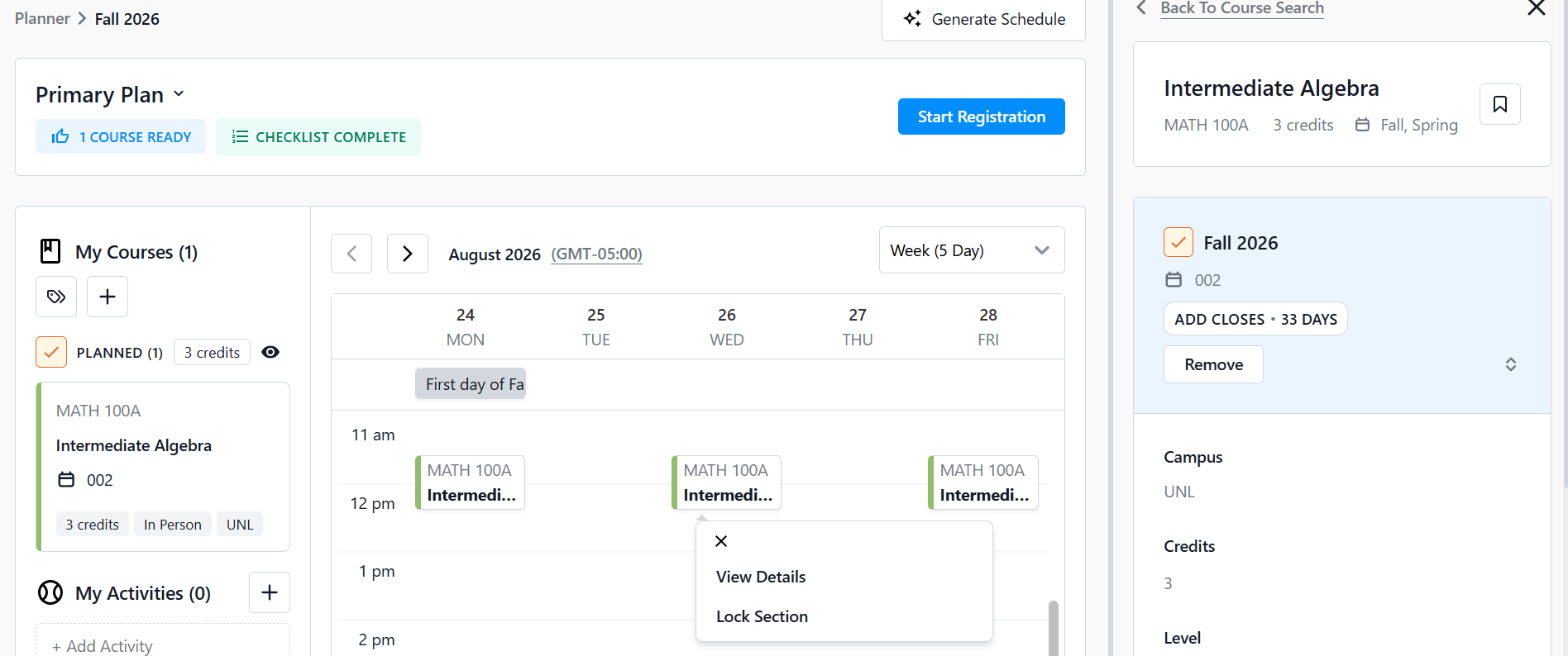 Scheduler interface showing Intermediate Algebra course details and weekly schedule grid. Right-hand panel is open with course details.