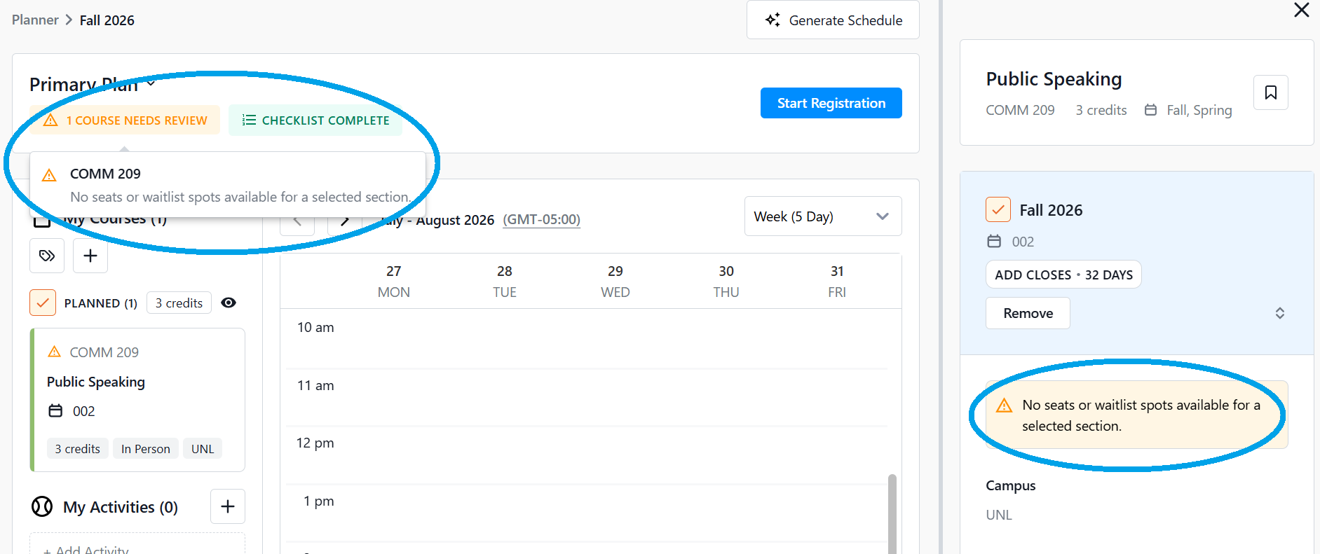 Highlighted messaging on top left under 1 Course Needs Review warning message stating No seats or waitlist spots available for a selected course section.