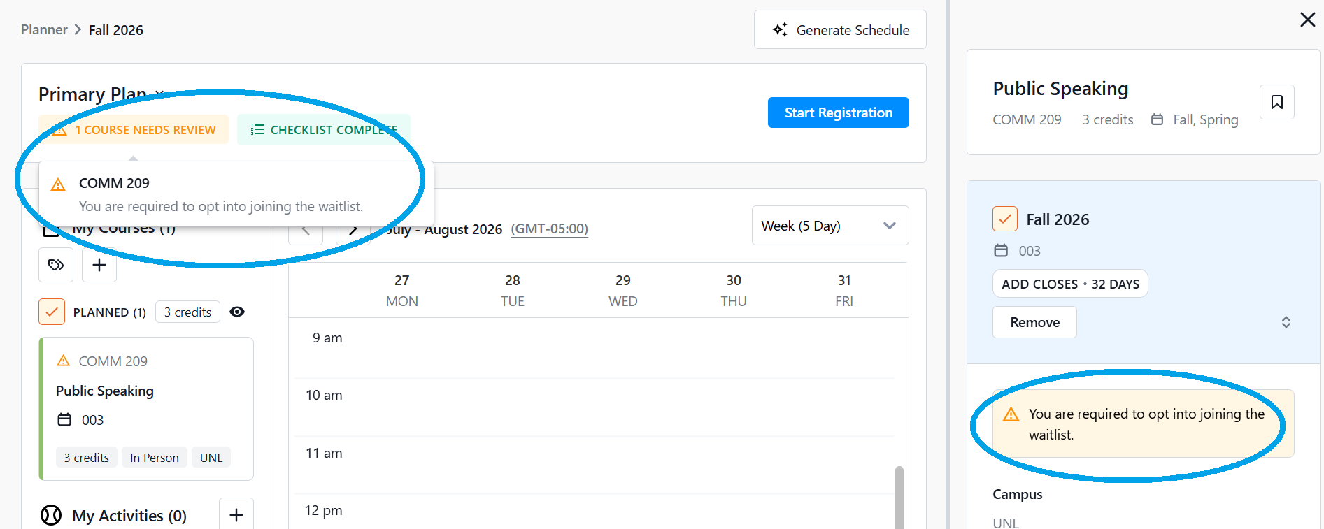 Planner interface showing a schedule and a notification about opting into a class waitlist.